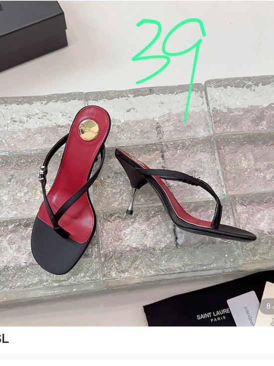Saint Laurent Shoes - Saint Laurent Black Heeled Slingback Sandals with Red Footbed